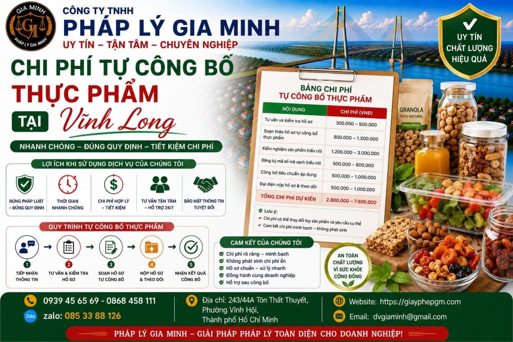 Dịch vụ tự công bố thực phẩm tại Vĩnh Long – Hỗ trợ pháp lý nhanh chóng cho cơ sở sản xuất kinh doanh 8 Chi phí tự công bố thực phẩm tại Vĩnh Long