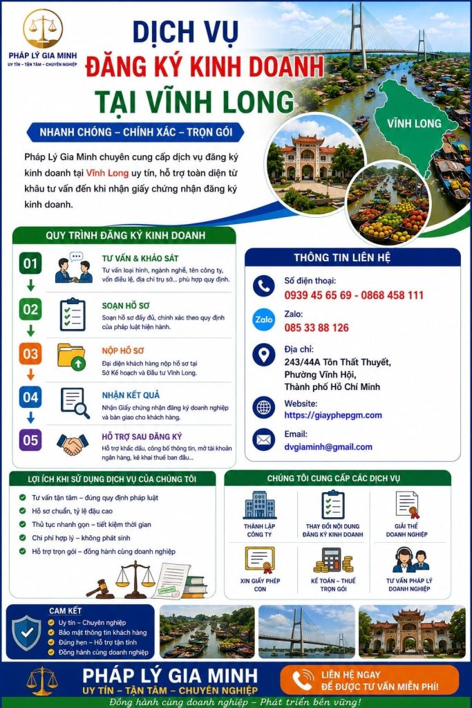 Dịch vụ thành lập công ty tại Vĩnh Long trọn gói – Giải pháp pháp lý tối ưu cho doanh nghiệp mới 4 Dịch vụ đăng ký kinh doanh tại Vĩnh Long