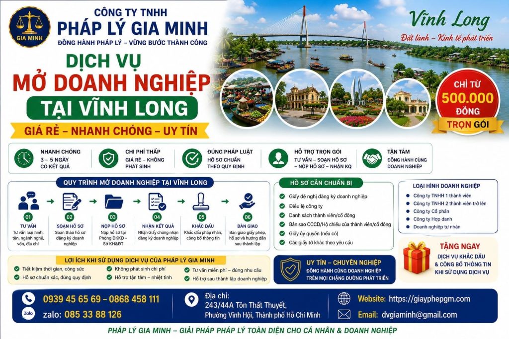 Dịch vụ thành lập công ty tại Vĩnh Long trọn gói – Giải pháp pháp lý tối ưu cho doanh nghiệp mới 9 Dịch vụ mở doanh nghiệp tại Vĩnh Long giá rẻ