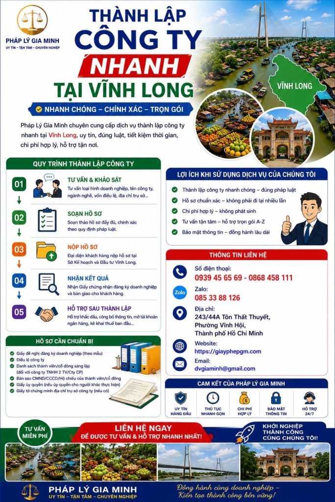 Dịch vụ thành lập công ty tại Vĩnh Long trọn gói – Giải pháp pháp lý tối ưu cho doanh nghiệp mới 1 Dịch vụ thành lập công ty tại Vĩnh Long