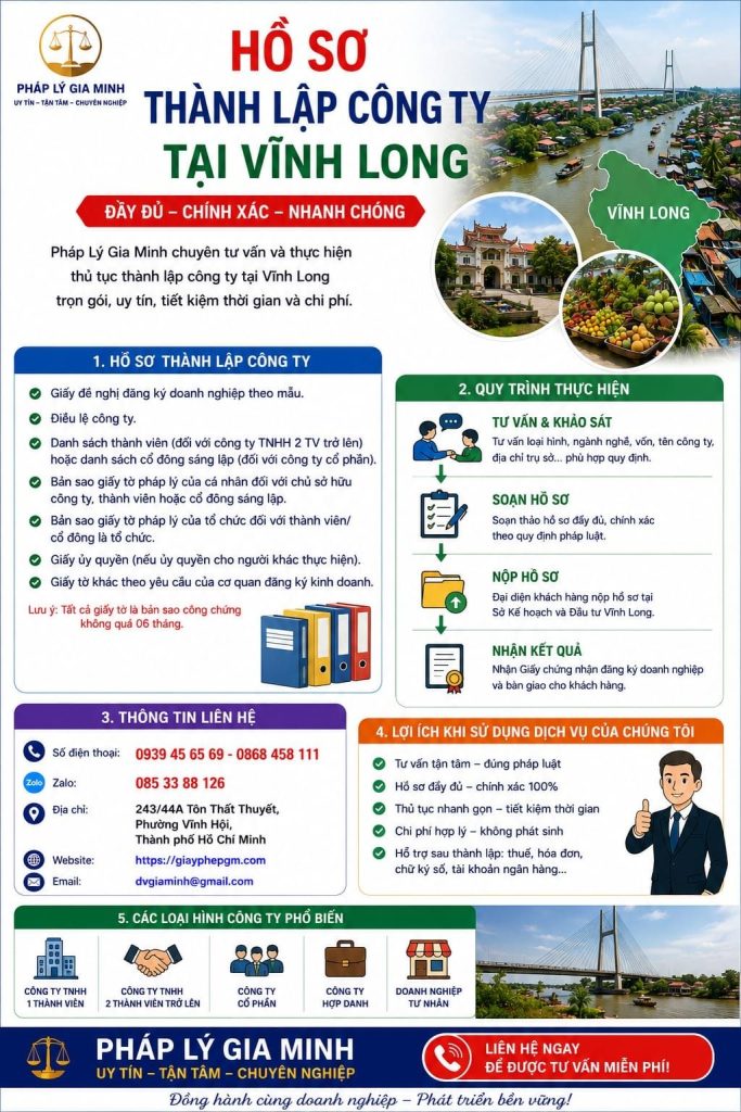 Dịch vụ thành lập công ty tại Vĩnh Long trọn gói – Giải pháp pháp lý tối ưu cho doanh nghiệp mới 3 Hồ sơ thành lập công ty tại Vĩnh Long đầy đủ