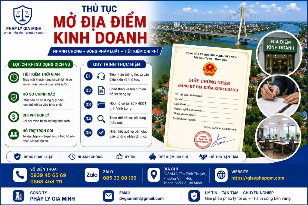 Dịch vụ thành lập địa điểm kinh doanh tại Vĩnh Long – Nhanh gọn, đúng pháp lý, tối ưu vận hành 5 Thủ tục mở địa điểm kinh doanh tại Vĩnh Long