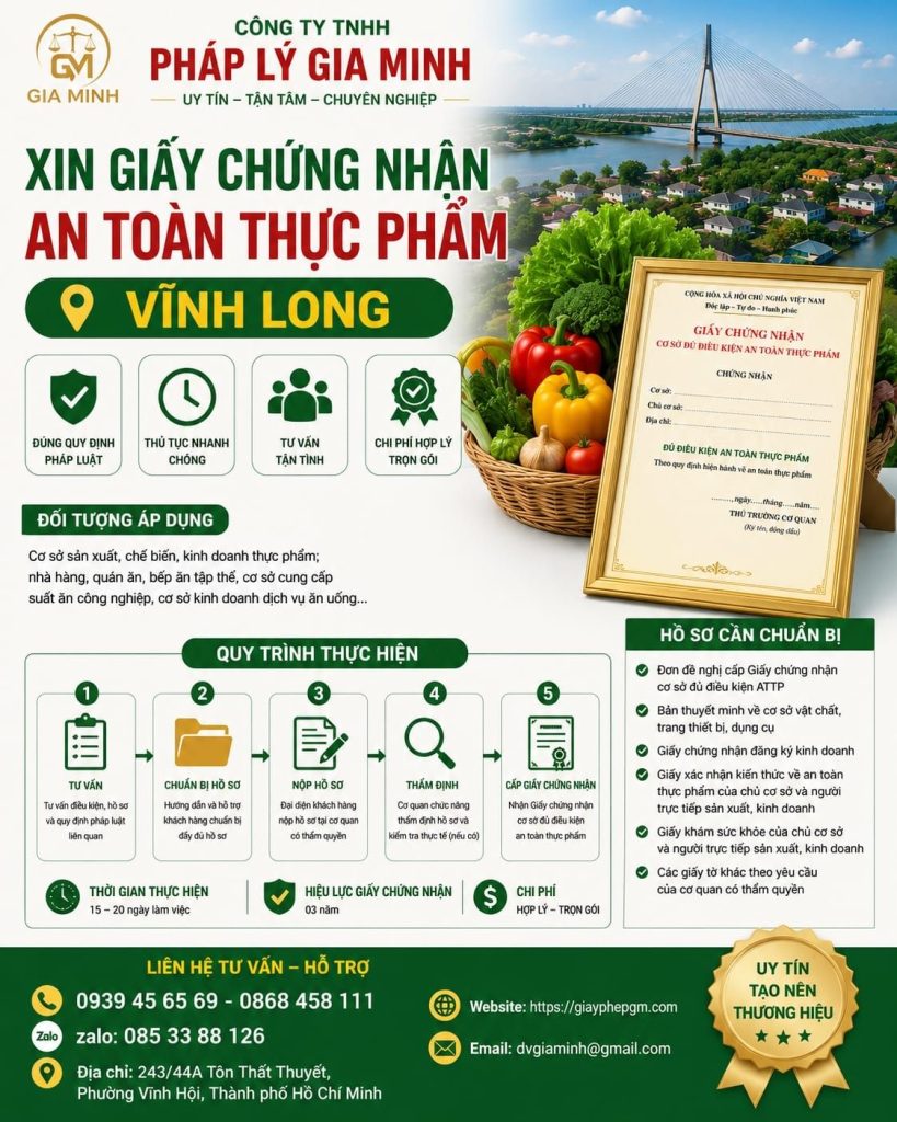 Xin giấy chứng nhận an toàn thực phẩm Vĩnh Long