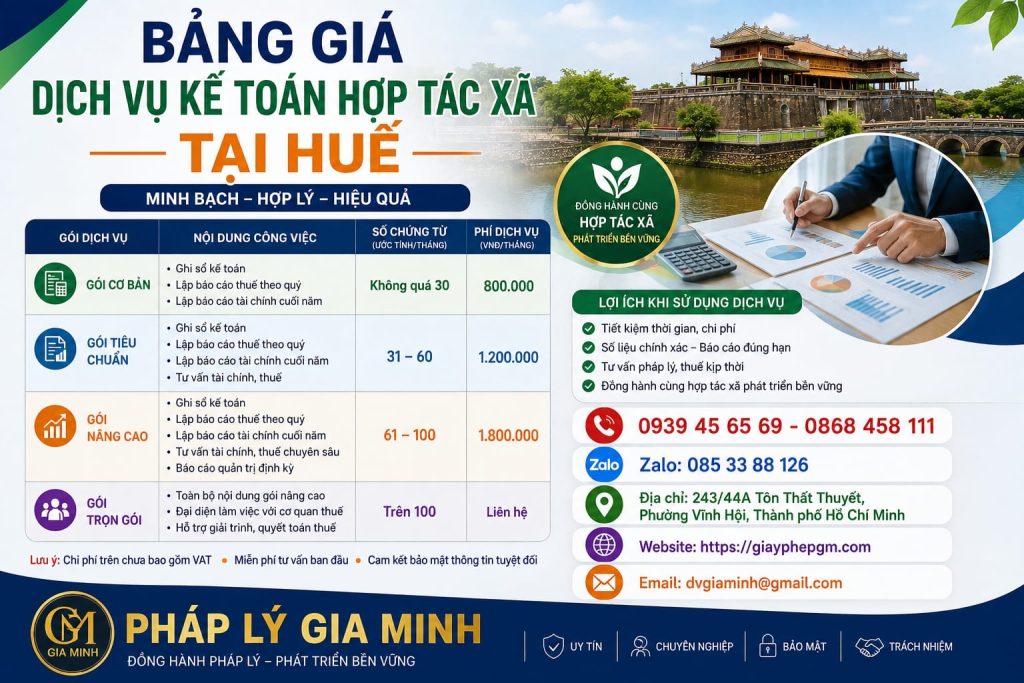 Bảng giá dịch vụ kế toán hợp tác xã tại Huế – Chọn gói phù hợp theo quy mô và chứng từ 1 Bảng giá dịch vụ kế toán hợp tác xã tại Huế